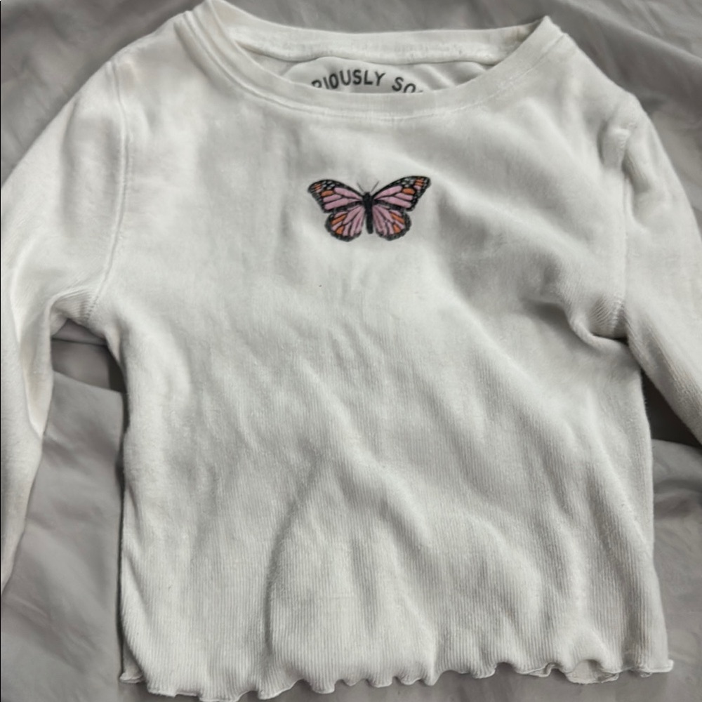 Aeropostale White and Pink Long Sleeve Tee with Butterfly Design